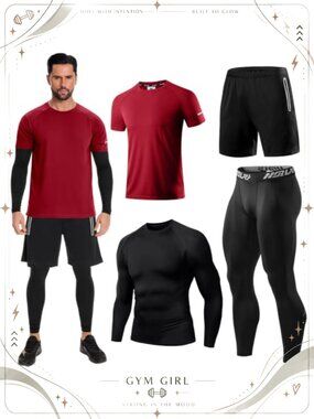 Men's Workout Set 4-Piece Compression Shirt Shorts Pants Athletic